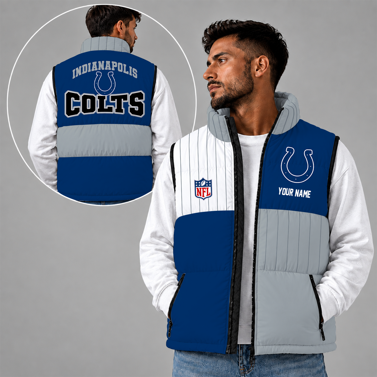 [SPECIAL OFFER] NEW CUSTOMIZED NFL17 IDC INDIANAPOLIS COLTS SLEEVELESS PUFFER VEST