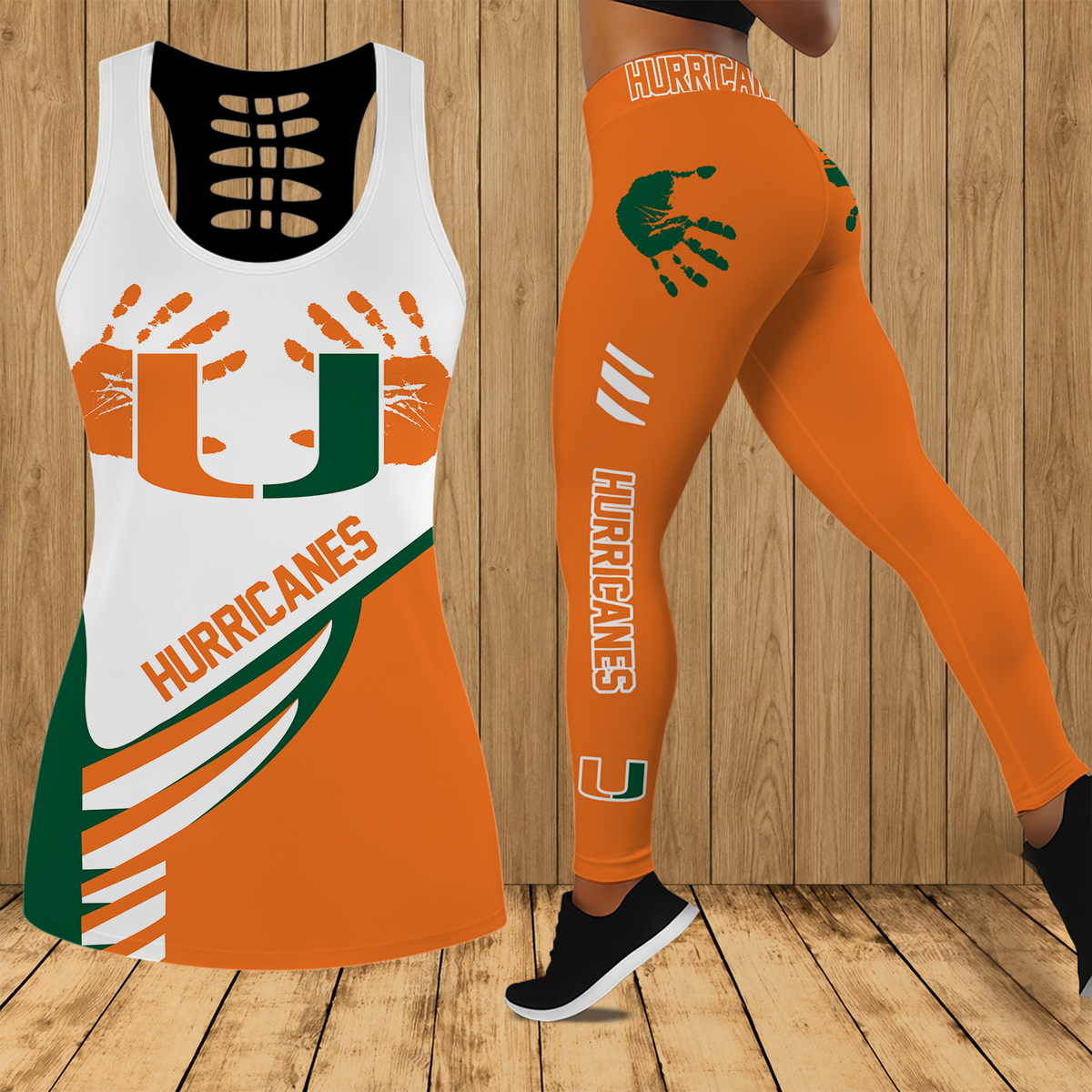 [FAN FAVORITE] NEW CUSTOMIZED NCAA FBS17 MIH MIAMI HURRICANES HOLLOW TANK TOP & LEGGINGS SET