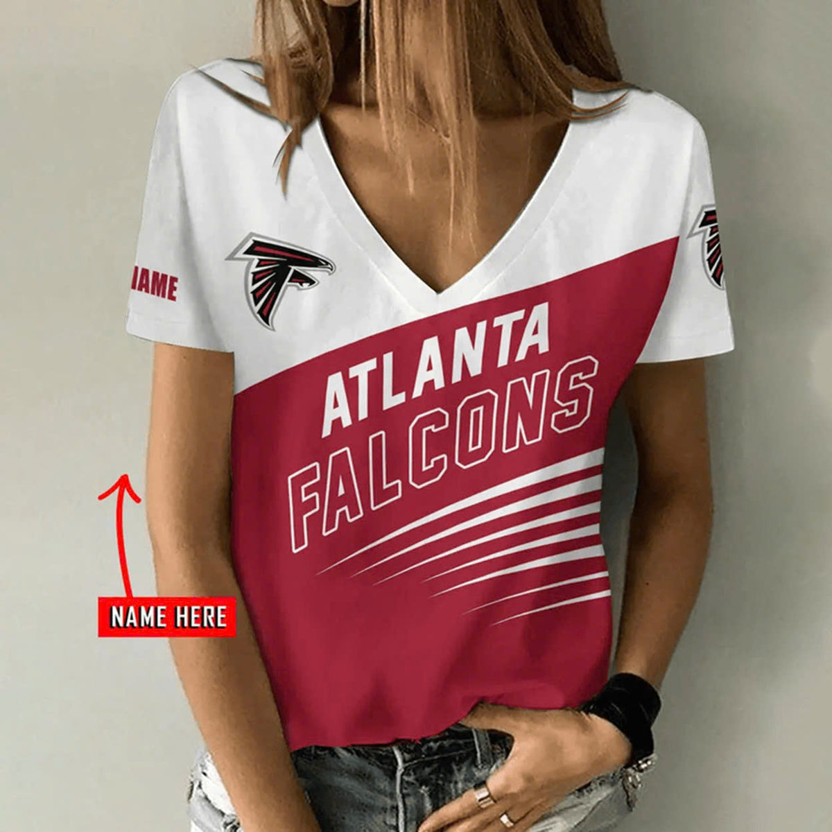 [SPECIAL OFFER] NEW CUSTOMIZED NFL18 ATF ATLANTA FALCONS V-NECK FEMALE SHIRT