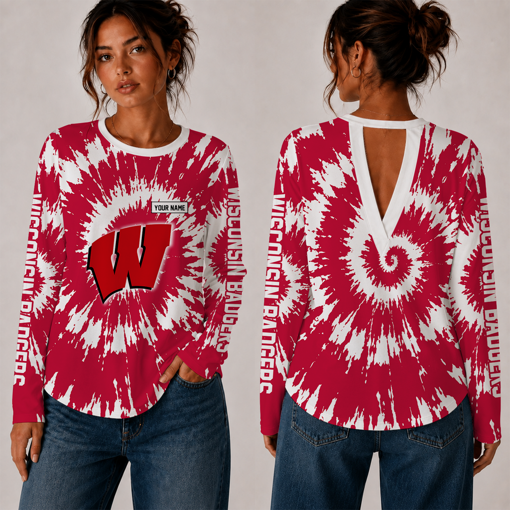 [FAN FAVORITE] NEW CUSTOMIZED NCAA FBS18 WSB WISCONSIN BADGERS WOMEN'S BACK V-CUT LONG-SLEEVE SHIRT