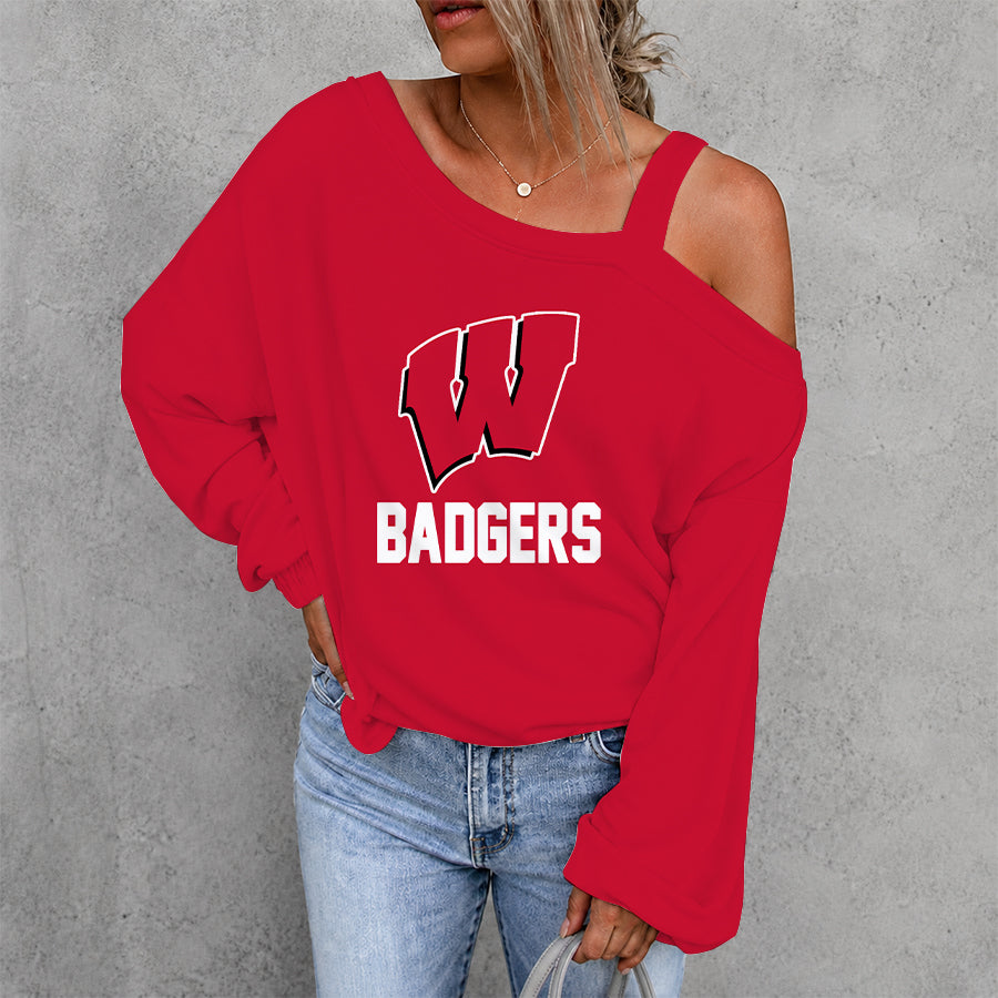 [FAN FAVORITE] NEW CUSTOMIZED NCAA FBS18 WSB WISCONSIN BADGERS WOMEN'S OFF-SHOULDER LONG SLEEVE SHIRT