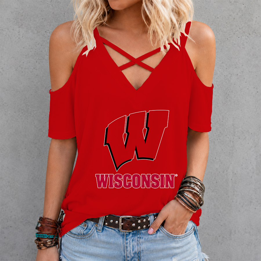 [FAN FAVORITE] NEW CUSTOMIZED NCAA FBS18 WSB WISCONSIN BADGERS CRISS CROSS V-NECK TOP