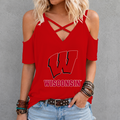 [FAN FAVORITE] NEW CUSTOMIZED NCAA FBS18 WSB WISCONSIN BADGERS CRISS CROSS V-NECK TOP