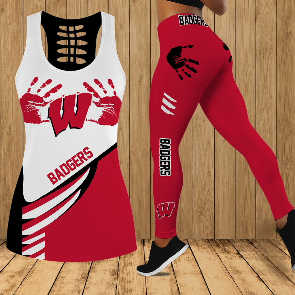 [FAN FAVORITE] NEW CUSTOMIZED NCAA FBS18 WSB WISCONSIN BADGERS HOLLOW TANK TOP & LEGGINGS SET