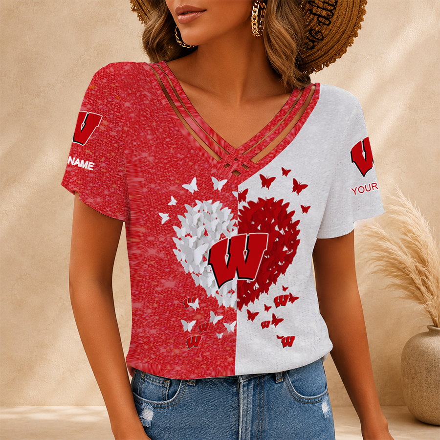 [FAN FAVORITE] NEW CUSTOMIZED NCAA FBS18 WSB WISCONSIN BADGERS V-NECK SHIRT
