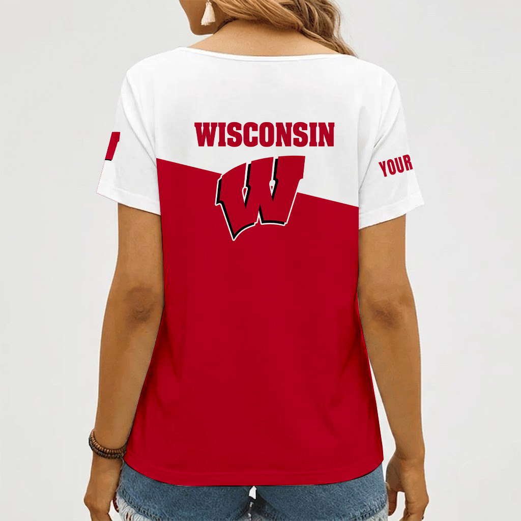 [FAN FAVORITE] NEW CUSTOMIZED NCAA FBS18 WSB WISCONSIN BADGERS V-NECK FEMALE SHIRT