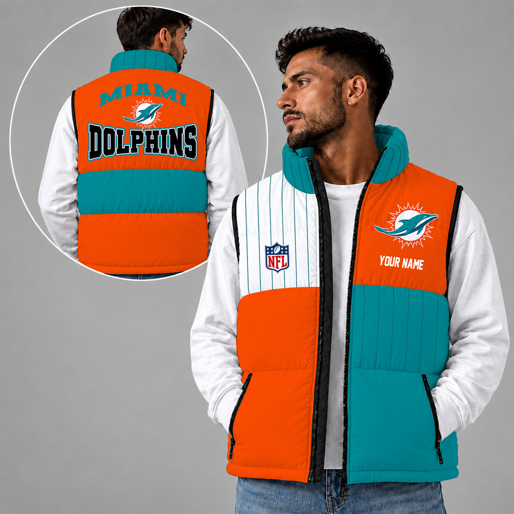 [SPECIAL OFFER] NEW CUSTOMIZED NFL19 MDP MIAMI DOLPHINS SLEEVELESS PUFFER VEST