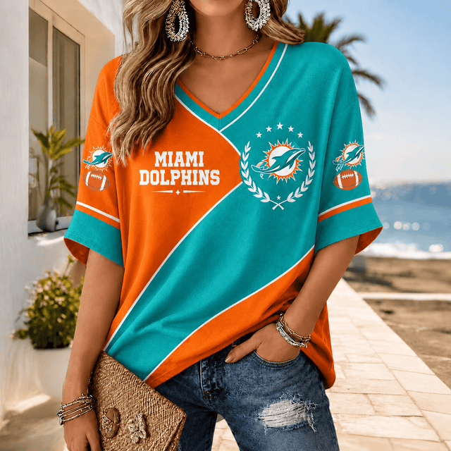 [SPECIAL OFFER] NEW CUSTOMIZED NFL19 MDP MIAMI DOLPHINS WOMEN'S HEART V-NECK LONG SLEEVE SHIRT