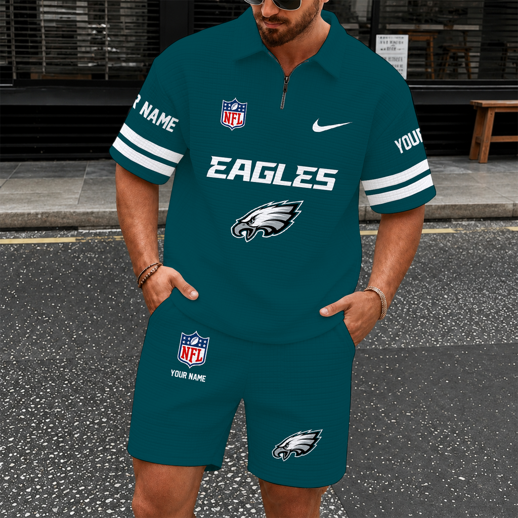 [SPECIAL OFFER] NEW CUSTOMIZED NFL02 PPE PHILADELPHIA EAGLES QUARTER-ZIP POLO SHIRT & SHORTS SET
