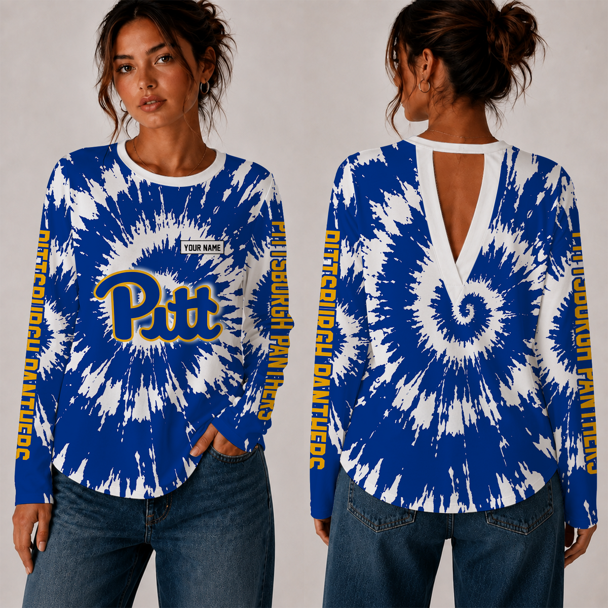 [FAN FAVORITE] NEW CUSTOMIZED NCAA FBS02 PIP PITTSBURGH PANTHERS WOMEN'S BACK V-CUT LONG-SLEEVE SHIRT