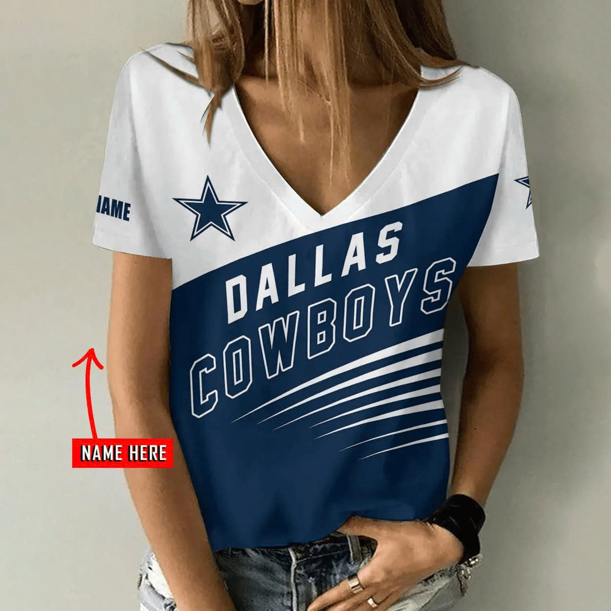 [SPECIAL OFFER] NEW CUSTOMIZED NFL21 DCB DALLAS COWBOYS V-NECK FEMALE SHIRT