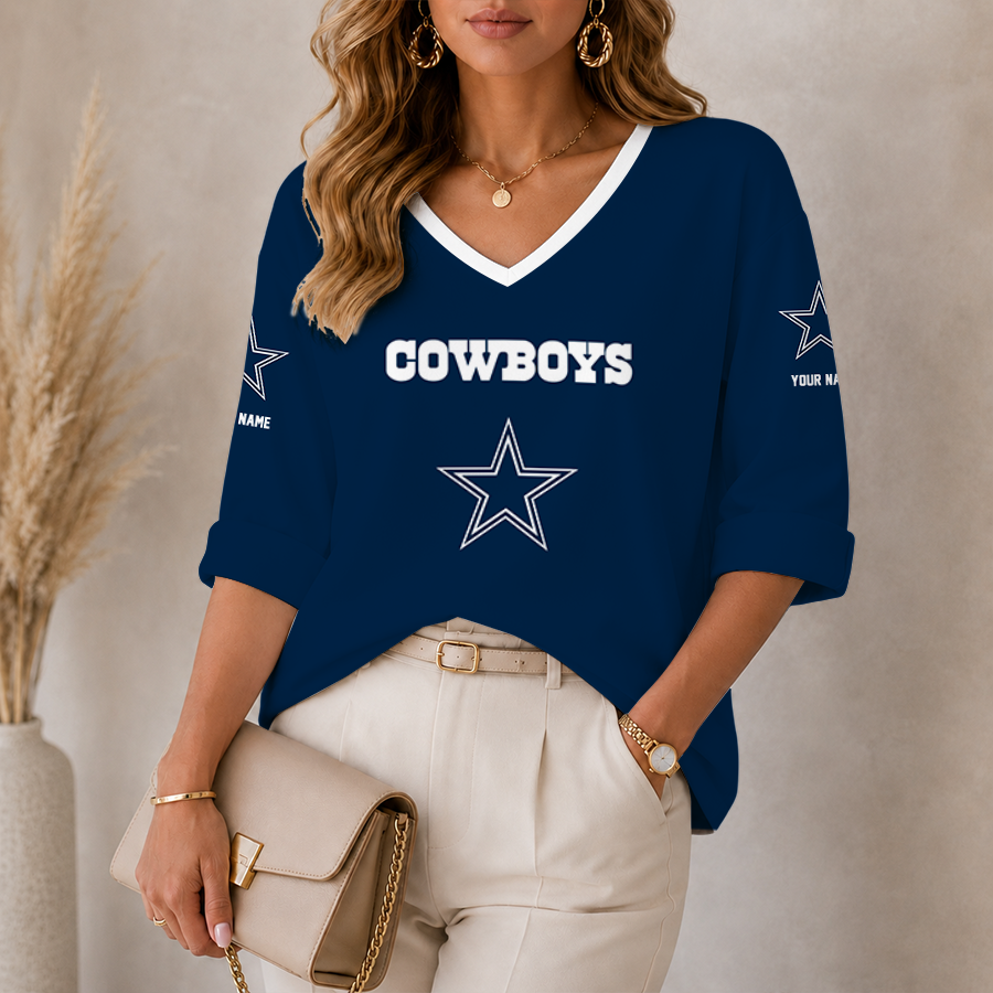 [SPECIAL OFFER] NEW CUSTOMIZED NFL21 DCB DALLAS COWBOYS WOMEN'S HEART V-NECK LONG SLEEVE SHIRT
