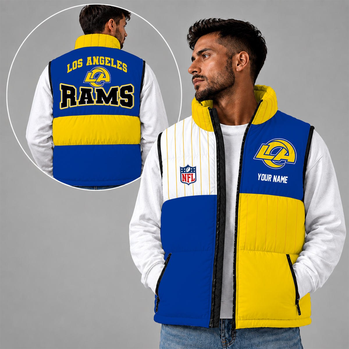 [SPECIAL OFFER] NEW CUSTOMIZED NFL22 LAR LOS ANGELES RAMS SLEEVELESS PUFFER VEST