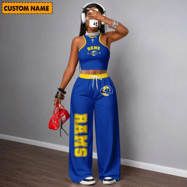 [SPECIAL OFFER] NEW CUSTOMIZED NFL22 LAR LOS ANGELES RAMS WOMEN'S CROP TOP & LONGPANTS SET