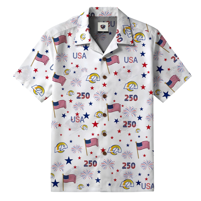 [SPECIAL OFFER] NEW CUSTOMIZED NFL22 LAR LOS ANGELES RAMS PATRIOTIC 250 USA HAWAIIAN SHIRT