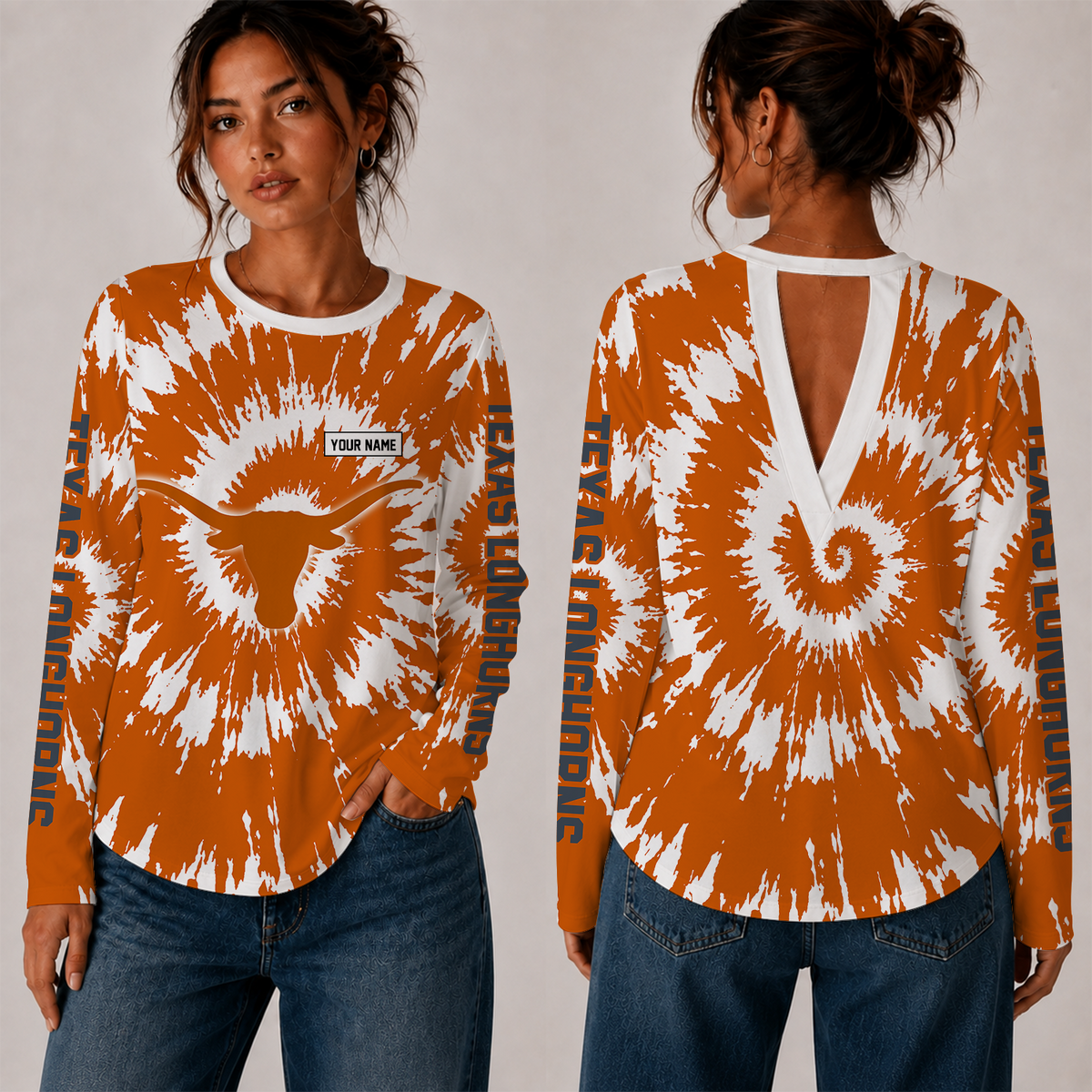 [FAN FAVORITE] NEW CUSTOMIZED NCAA FBS22 TXL TEXAS LONGHORNS WOMEN'S BACK V-CUT LONG-SLEEVE SHIRT