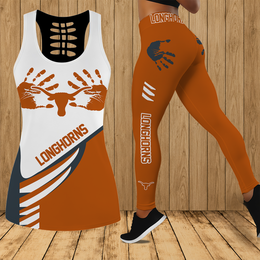 [FAN FAVORITE] NEW CUSTOMIZED NCAA FBS22 TXL TEXAS LONGHORNS HOLLOW TANK TOP & LEGGINGS SET