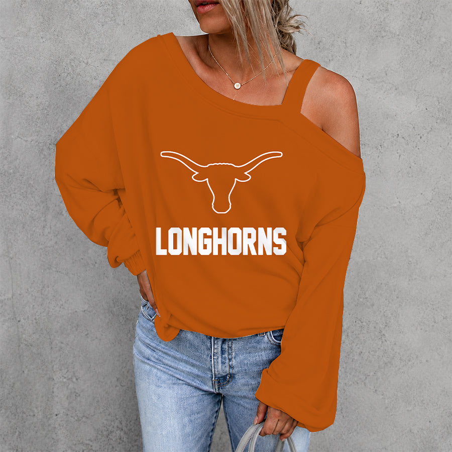 [FAN FAVORITE] NEW CUSTOMIZED NCAA FBS22 TXL TEXAS LONGHORNS WOMEN'S OFF-SHOULDER LONG SLEEVE SHIRT