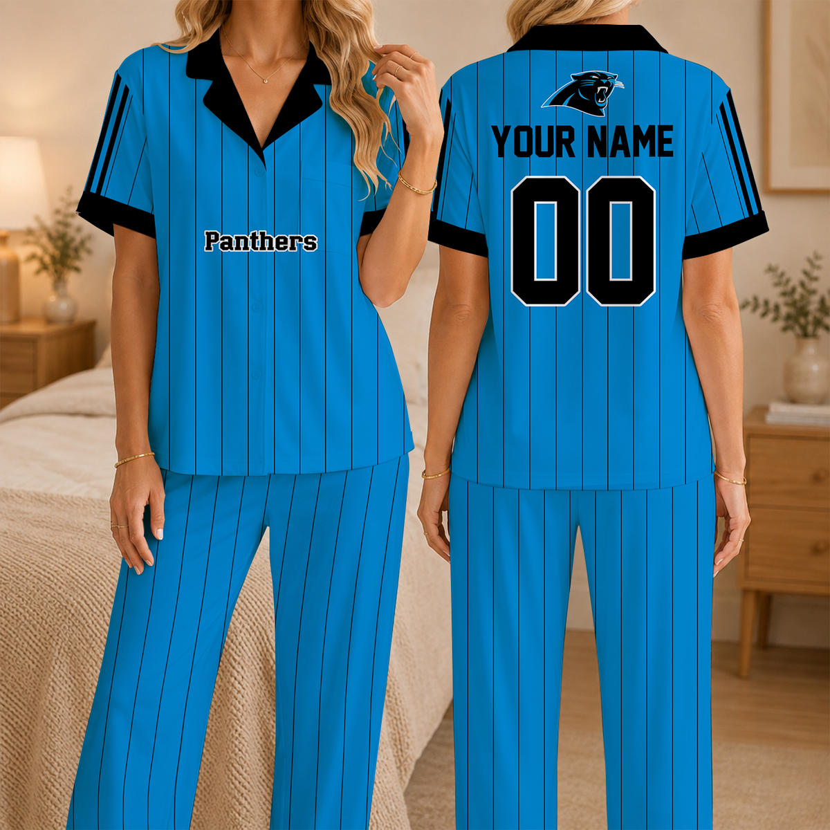 [SPECIAL OFFER] NEW CUSTOMIZED NFL23 CLP CAROLINA PANTHERS SHORT SLEEVE & LONG PANTS PAJAMAS SET