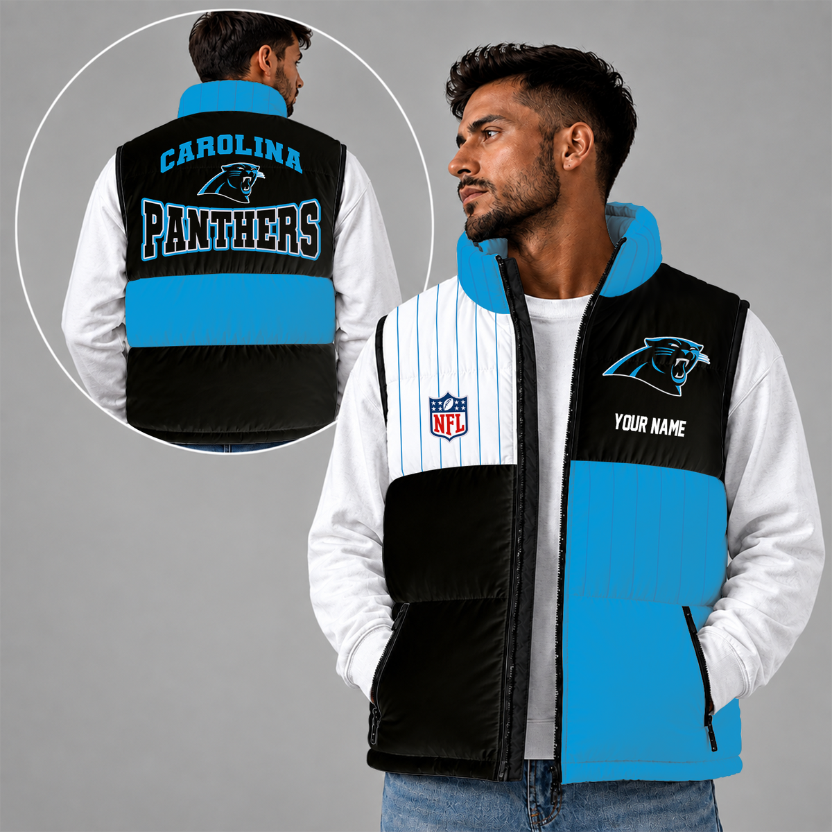 [SPECIAL OFFER] NEW CUSTOMIZED NFL23 CLP CAROLINA PANTHERS SLEEVELESS PUFFER VEST
