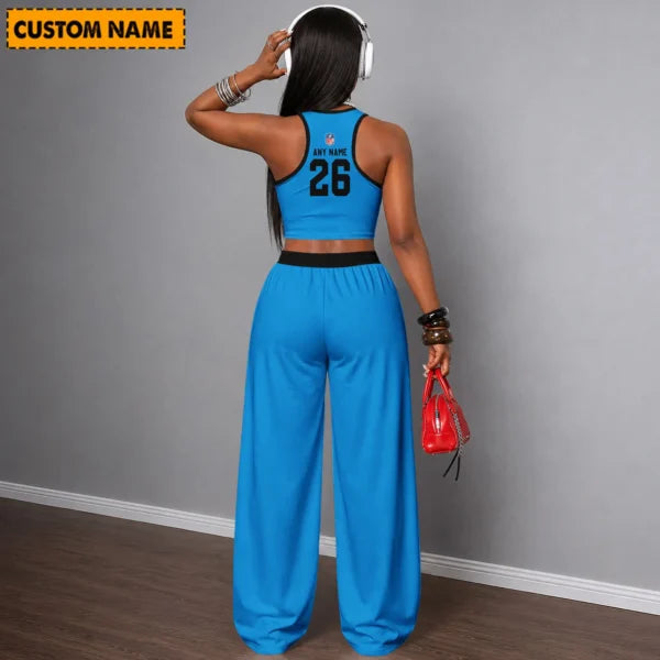 [SPECIAL OFFER] NEW CUSTOMIZED NFL23 CLP CAROLINA PANTHERS WOMEN'S CROP TOP & LONGPANTS SET