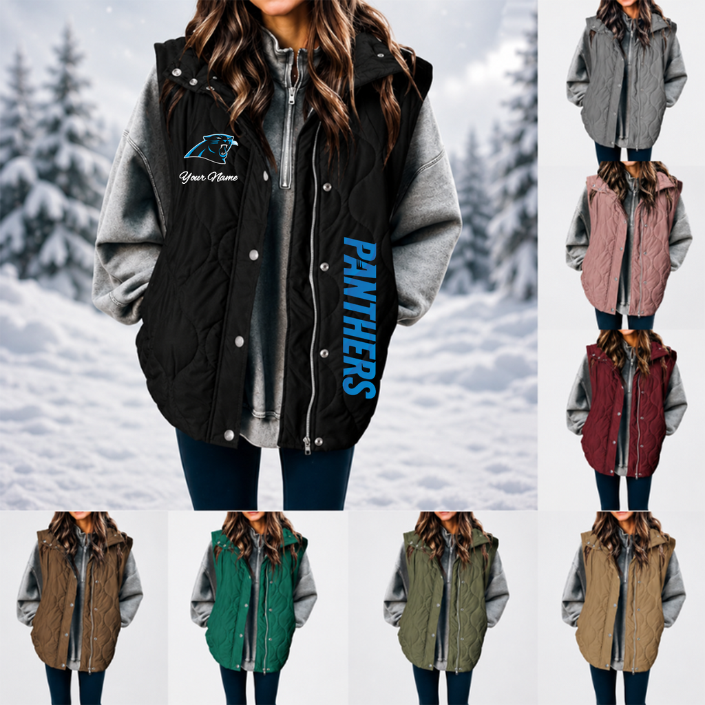 [SPECIAL OFFER] NEW CUSTOMIZED NFL23 CLP CAROLINA PANTHERS WOMEN'S MULTICOLOR SLEEVELESS PUFFER COAT