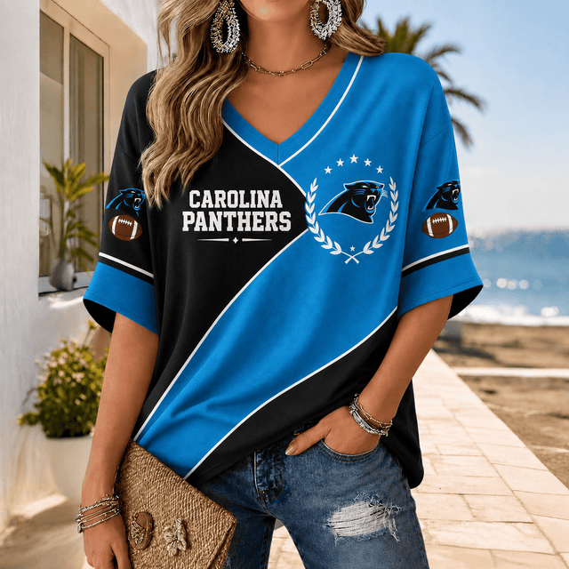 [SPECIAL OFFER] NEW CUSTOMIZED NFL23 CLP CAROLINA PANTHERS WOMEN'S HEART V-NECK LONG SLEEVE SHIRT