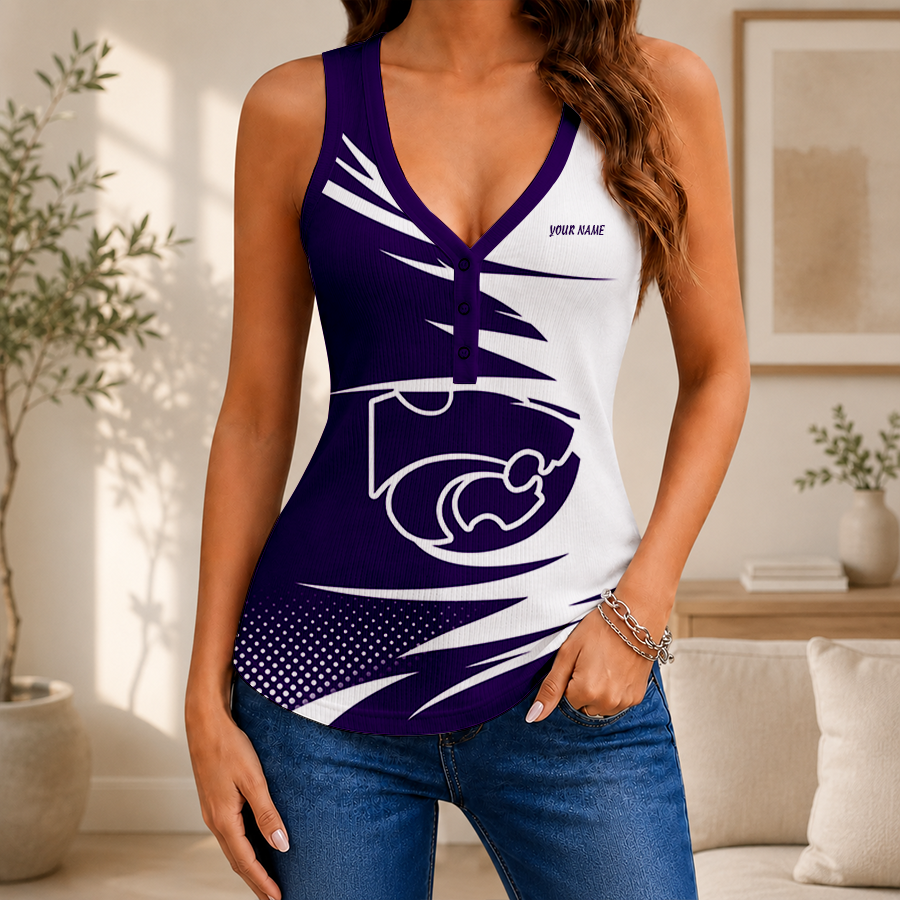 [FAN FAVORITE] NEW CUSTOMIZED NCAA FBS24 KSW KANSAS STATE WILDCATS WOMEN'S V-NECK TANK TOP
