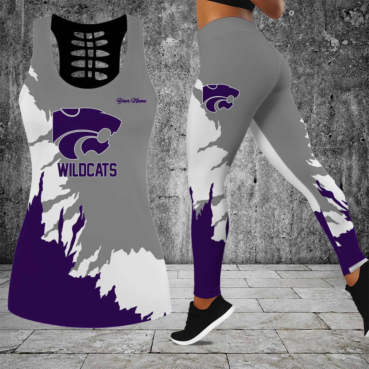 [FAN FAVORITE] NEW CUSTOMIZED NCAA FBS24 KSW KANSAS STATE WILDCATS HOLLOW TANK TOP & LEGGINGS SET