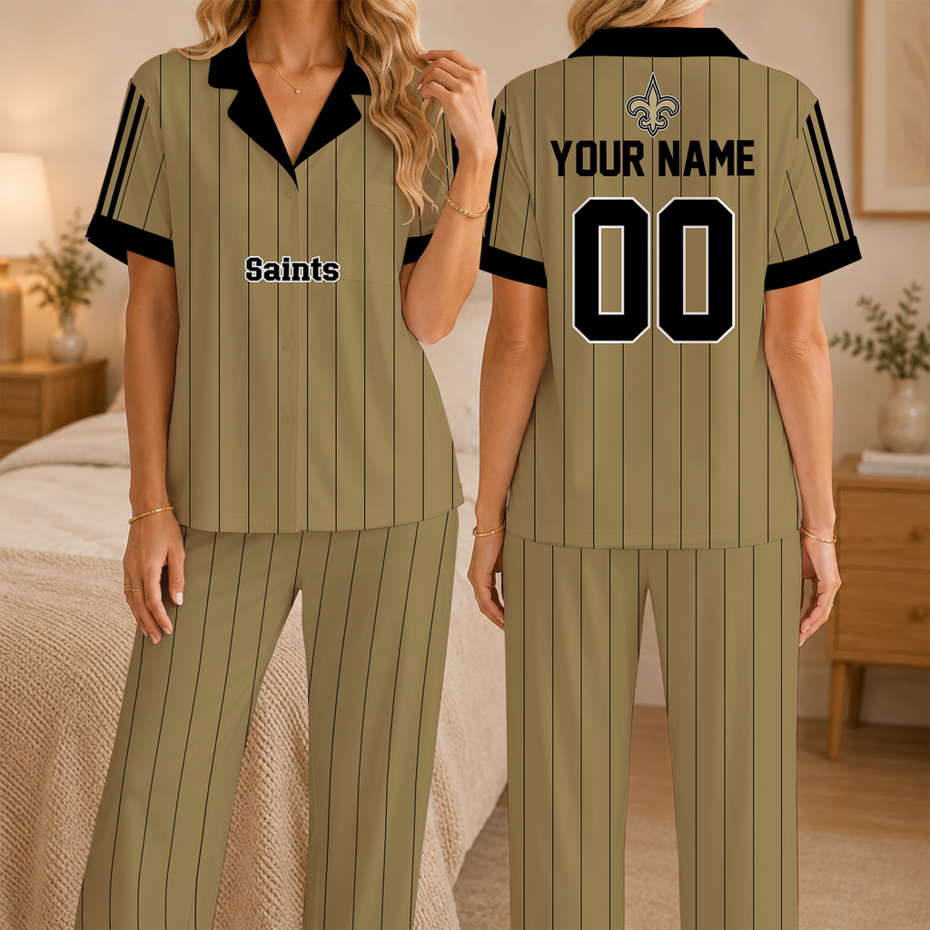 [SPECIAL OFFER] NEW CUSTOMIZED NFL24 NOS NEW ORLEANS SAINTS SHORT SLEEVE & LONG PANTS PAJAMAS SET