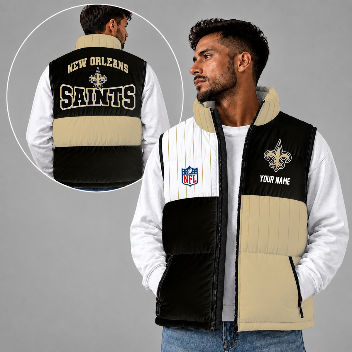 [SPECIAL OFFER] NEW CUSTOMIZED NFL24 NOS NEW ORLEANS SAINTS SLEEVELESS PUFFER VEST