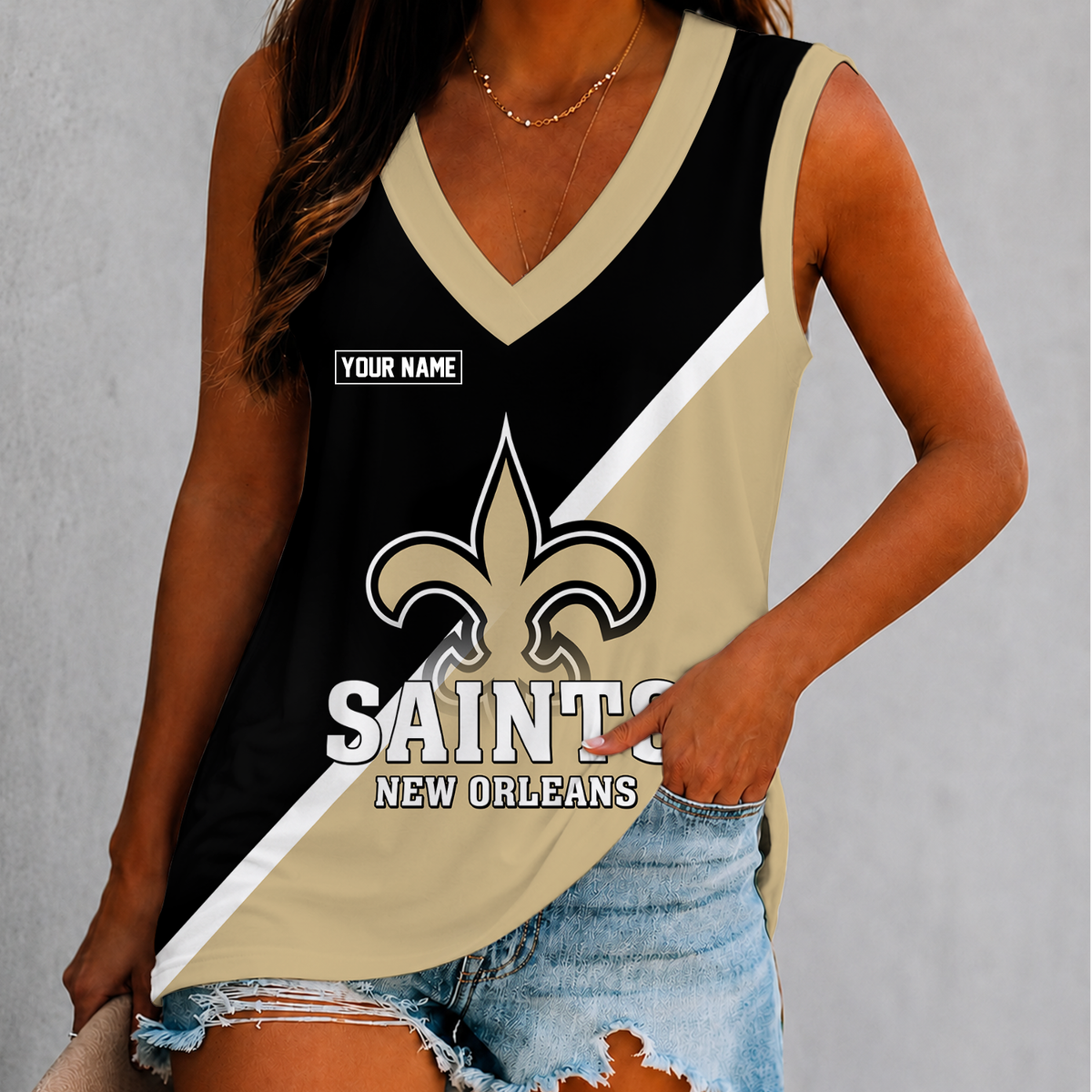 [SPECIAL OFFER] NEW CUSTOMIZED NFL24 NOS NEW ORLEANS SAINTS WOMEN'S V-NECK TANK TOP