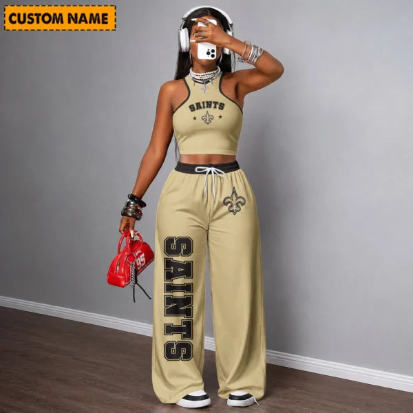 [SPECIAL OFFER] NEW CUSTOMIZED NFL24 NOS NEW ORLEANS SAINTS WOMEN'S CROP TOP & LONGPANTS SET