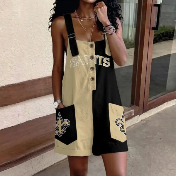 [SPECIAL OFFER] NEW CUSTOMIZED NFL24 NOS NEW ORLEANS SAINTS WOMEN'S HIGH-WAISTED SHORTS OVERALLS
