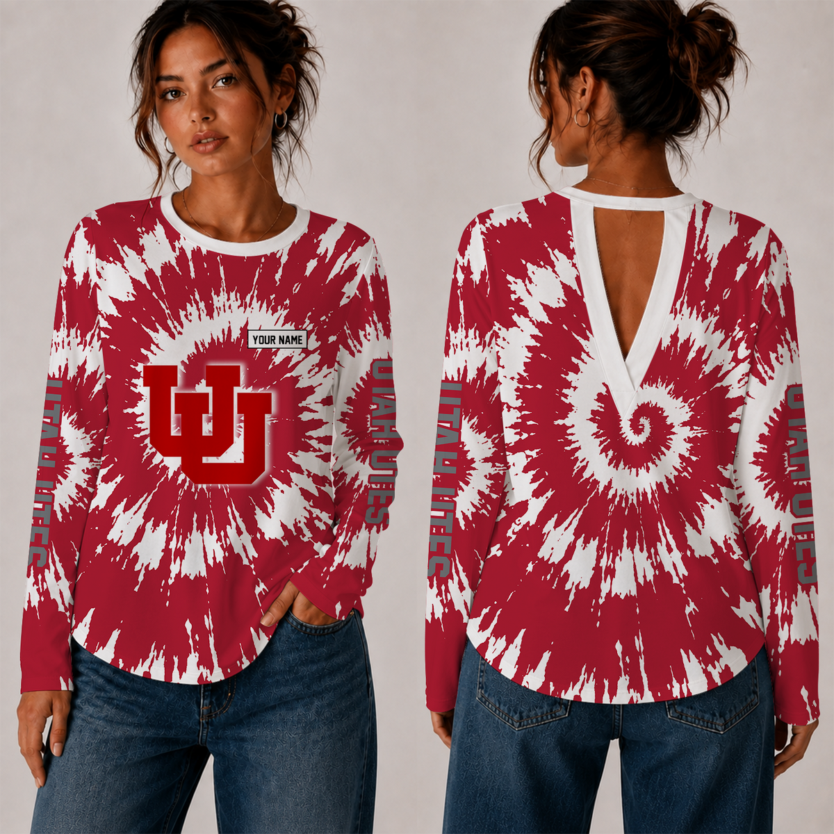 [FAN FAVORITE] NEW CUSTOMIZED NCAA FBS25 UTU UTAH UTES WOMEN'S BACK V-CUT LONG-SLEEVE SHIRT