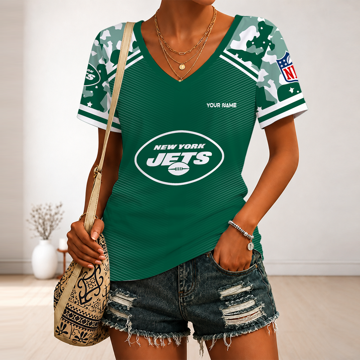 [SPECIAL OFFER] NEW CUSTOMIZED NFL25 NYJ NEW YORK JETS V-NECK FEMALE SHIRT