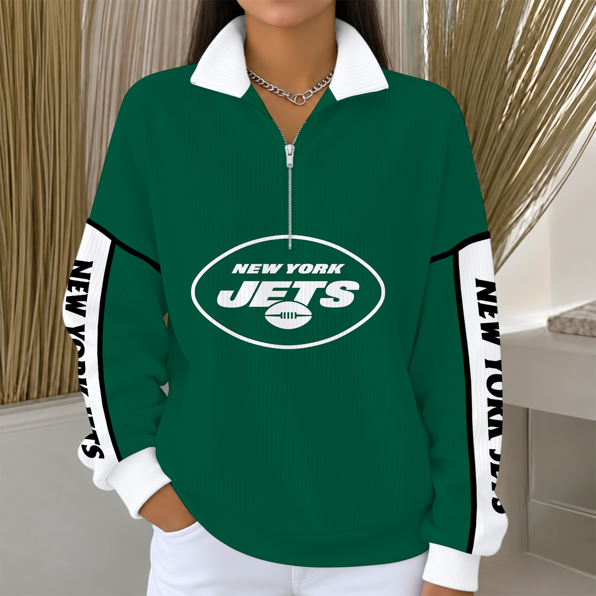 [SPECIAL OFFER] NEW CUSTOMIZED NFL25 NYJ NEW YORK JETS QUARTER ZIP RIBBED SWEATER