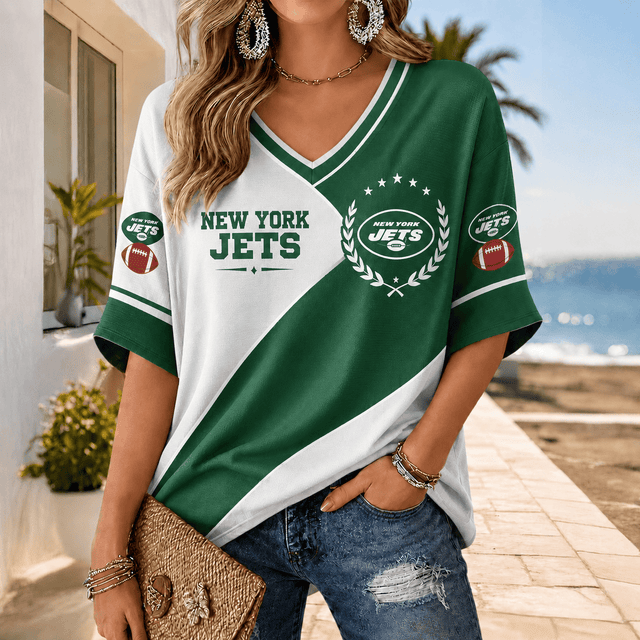 [SPECIAL OFFER] NEW CUSTOMIZED NFL25 NYJ NEW YORK JETS WOMEN'S HEART V-NECK LONG SLEEVE SHIRT