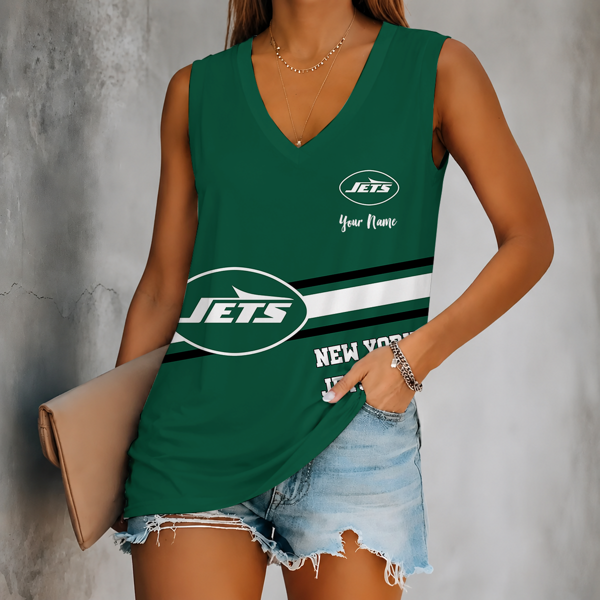 [SPECIAL OFFER] NEW CUSTOMIZED NFL25 NYJ NEW YORK JETS WOMEN'S V-NECK TANK TOP