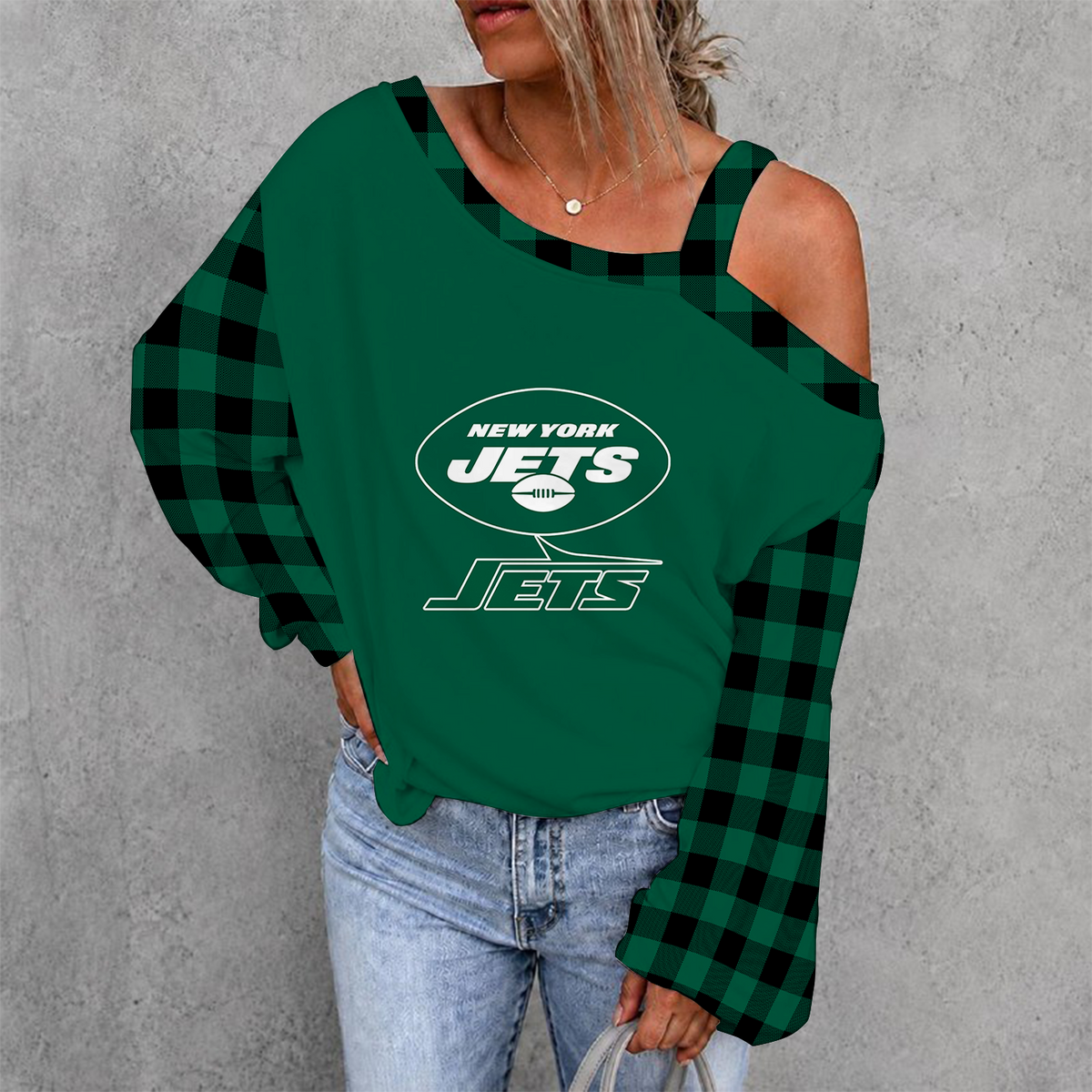[SPECIAL OFFER] NEW CUSTOMIZED NFL25 NYJ NEW YORK JETS WOMEN'S OFF-SHOULDER LONG SLEEVE SHIRT