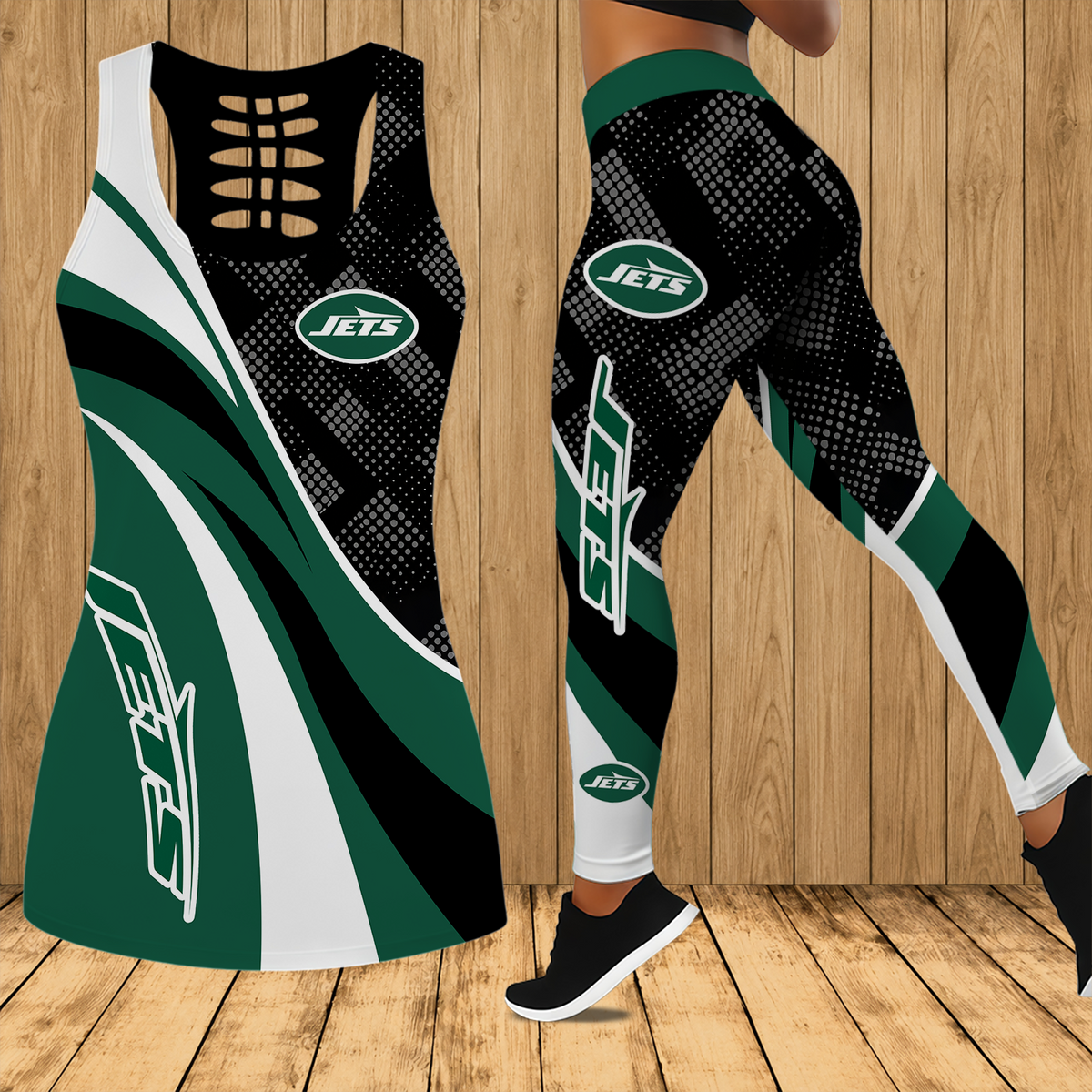 [SPECIAL OFFER] NEW CUSTOMIZED NFL25 NYJ NEW YORK JETS HOLLOW TANK TOP & LEGGINGS SET