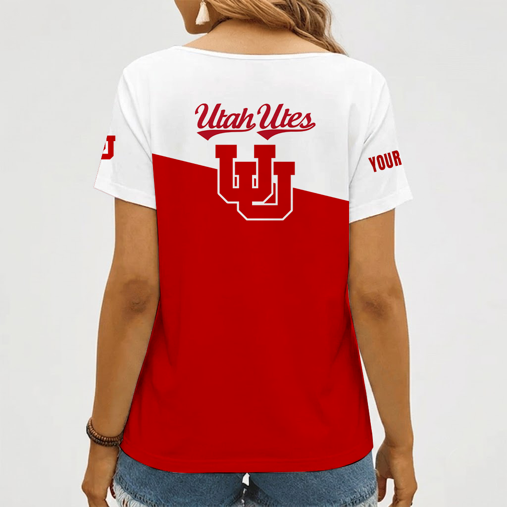 [FAN FAVORITE] NEW CUSTOMIZED NCAA FBS25 UTU UTAH UTES V-NECK FEMALE SHIRT
