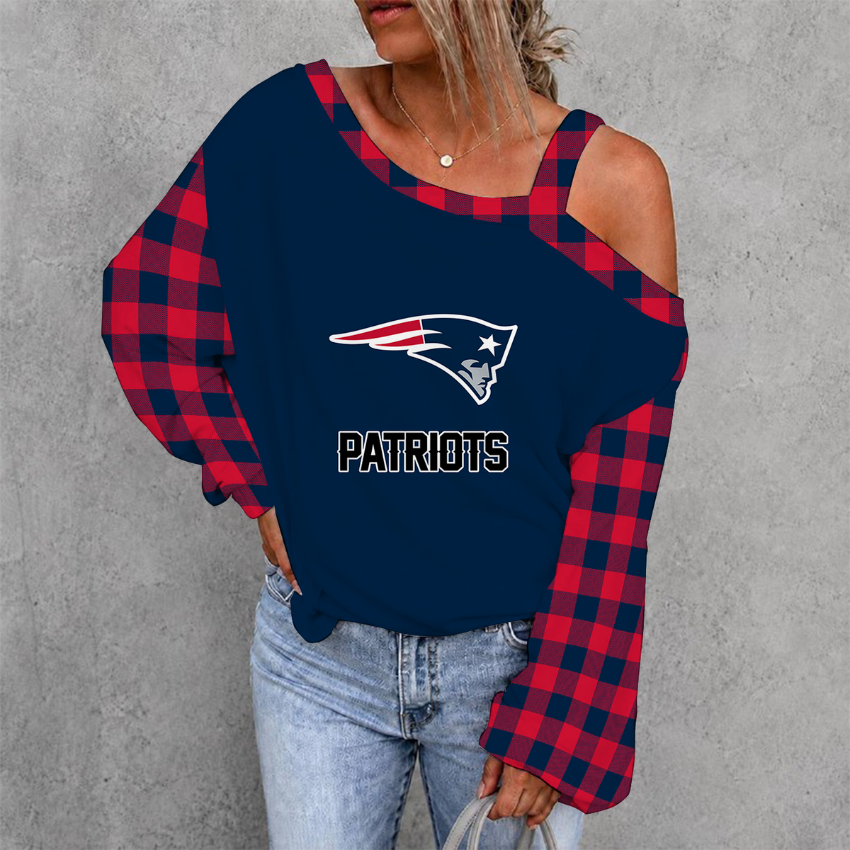[SPECIAL OFFER] NEW CUSTOMIZED NFL27 NEP NEW ENGLAND PATRIOTS WOMEN'S OFF-SHOULDER LONG SLEEVE SHIRT