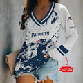 [SPECIAL OFFER] NEW CUSTOMIZED NFL27 NEP NEW ENGLAND PATRIOTS WOMEN'S V-NECK LONG SLEEVED SHIRT