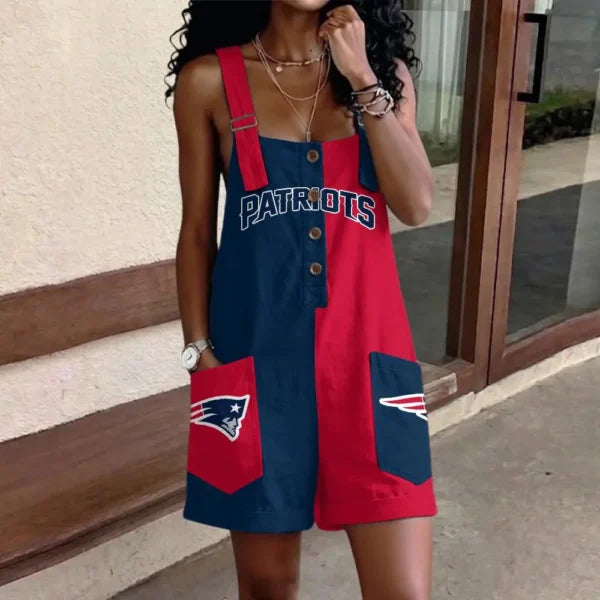 [SPECIAL OFFER] NEW CUSTOMIZED NFL27 NEP NEW ENGLAND PATRIOTS WOMEN'S HIGH-WAISTED SHORTS OVERALLS