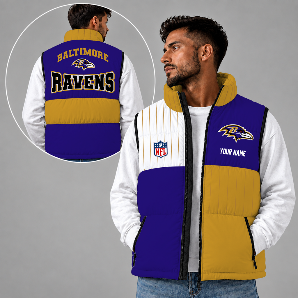 [SPECIAL OFFER] NEW CUSTOMIZED NFL28 BTR BALTIMORE RAVENS SLEEVELESS PUFFER VEST