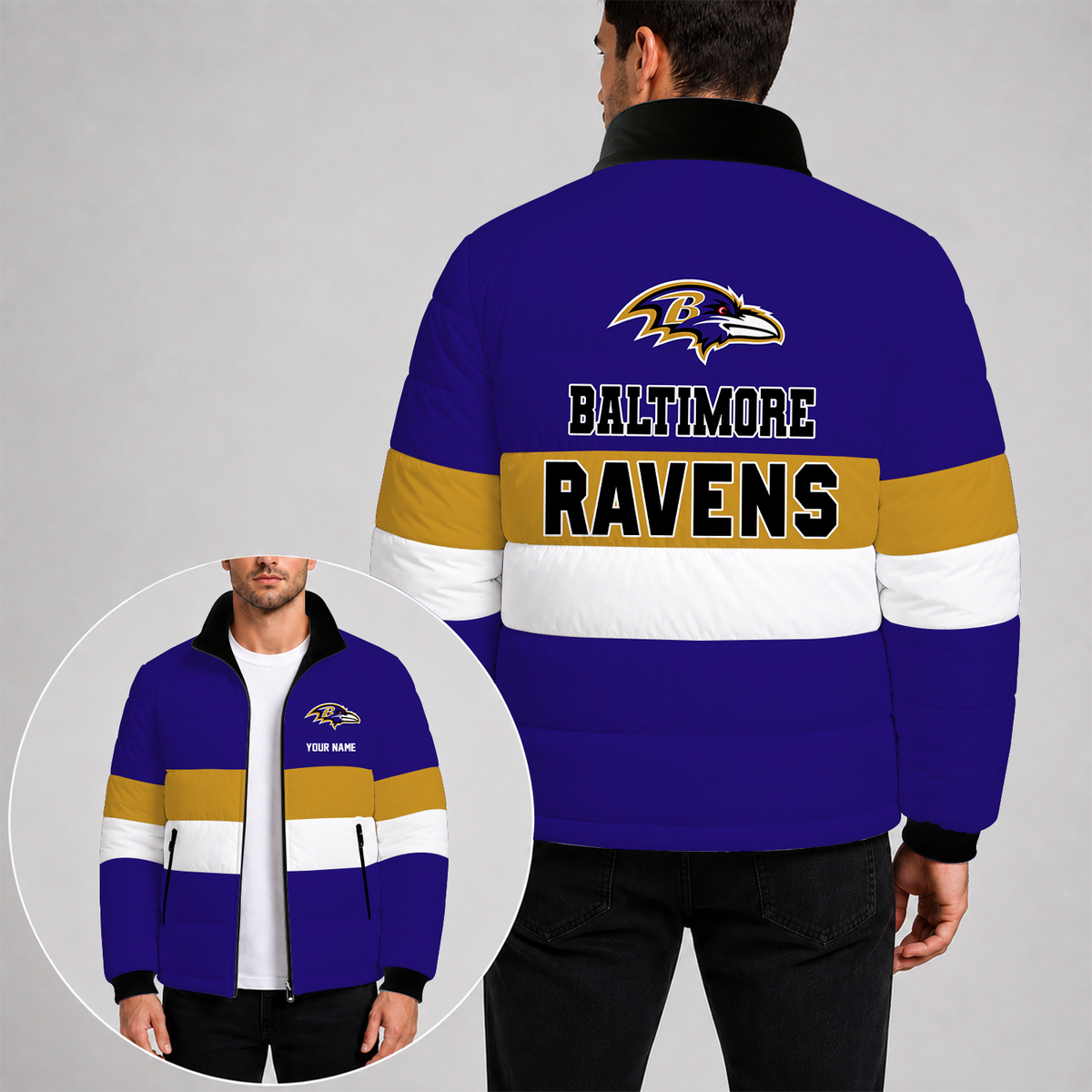 [SPECIAL OFFER] NEW CUSTOMIZED NFL28 BTR BALTIMORE RAVENS PUFFER JACKET