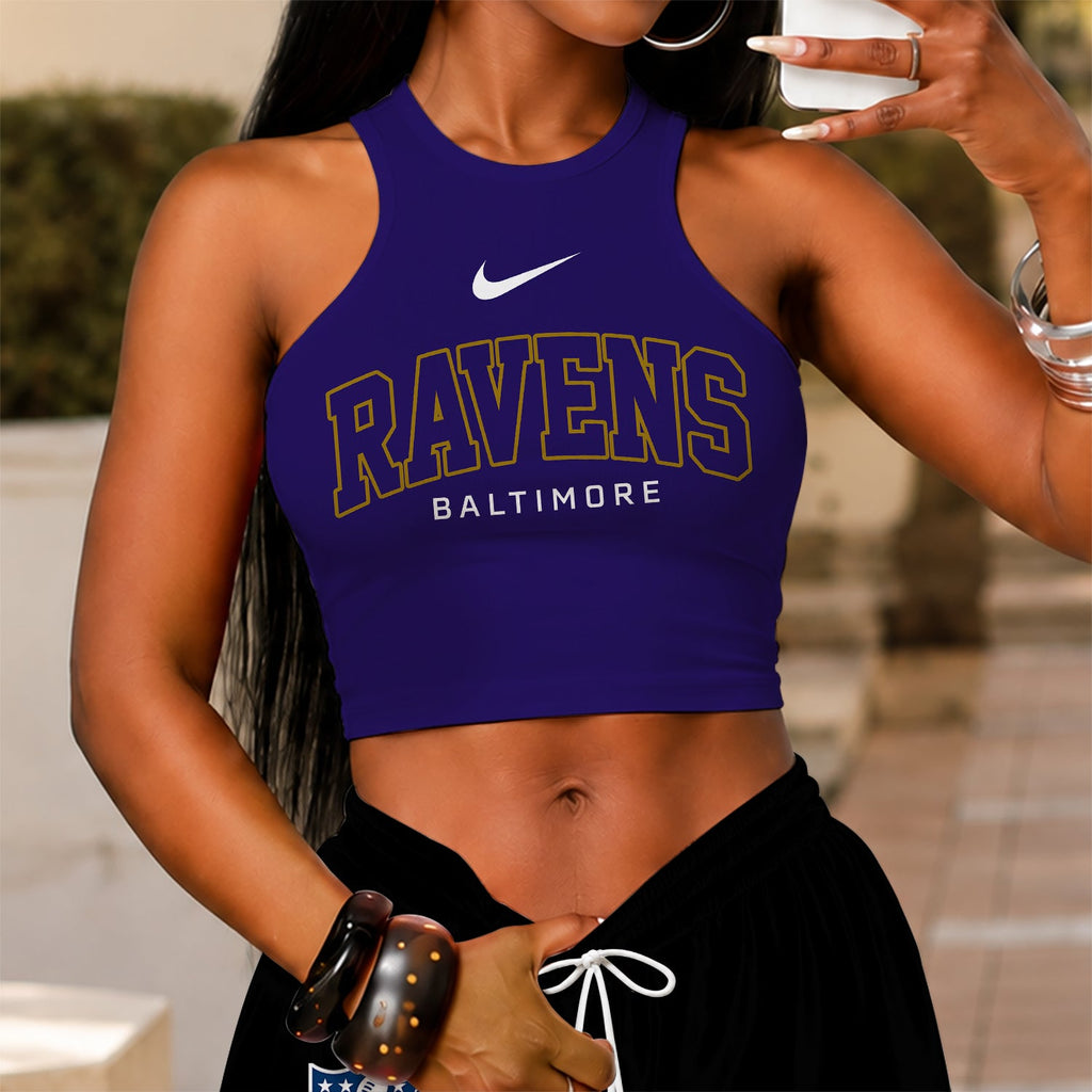 [SPECIAL OFFER] NEW CUSTOMIZED NFL28 BTR BALTIMORE RAVENS WOMEN'S CROP TOP & LONGPANTS SET