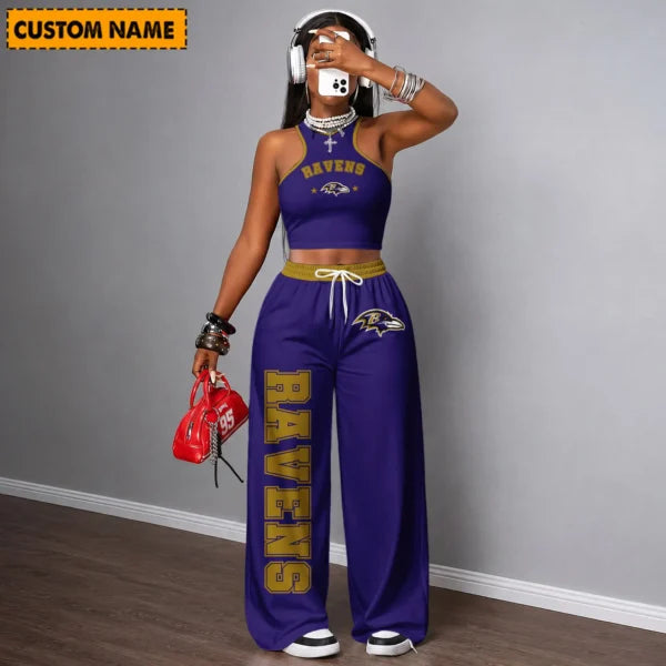 [SPECIAL OFFER] NEW CUSTOMIZED NFL28 BTR BALTIMORE RAVENS WOMEN'S CROP TOP & LONGPANTS SET