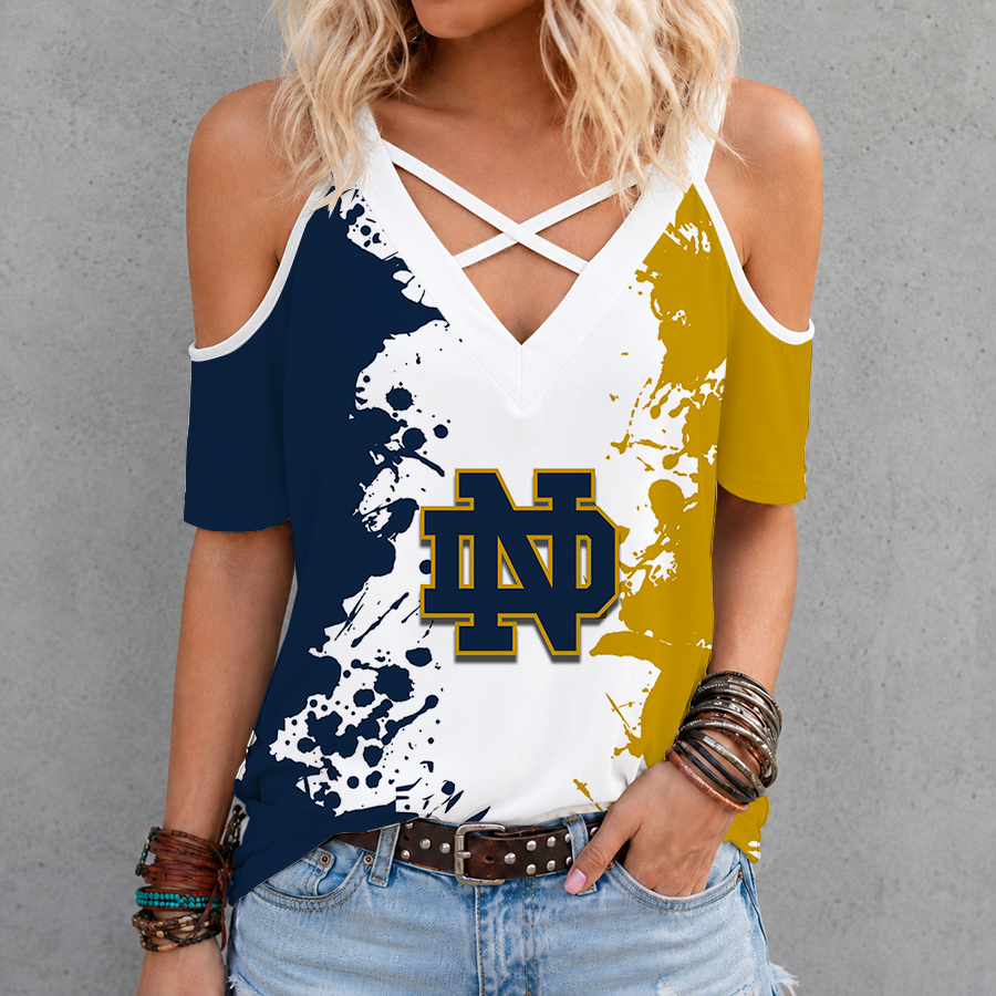[FAN FAVORITE] NEW CUSTOMIZED NCAA FBS28 NFI NOTRE DAME FIGHTING IRISH CRISS CROSS V-NECK TOP